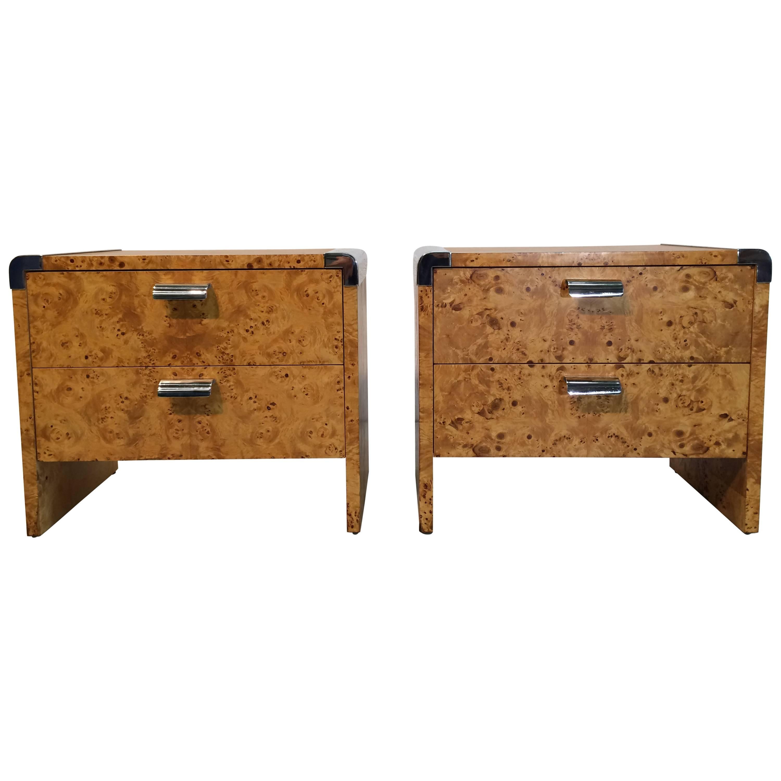 Two Nightstands, Burl and Stainless Steel, USA, 1970s