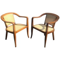 Pair of Mid-Century Cane and Walnut Chairs in the Style of Edward Wormley
