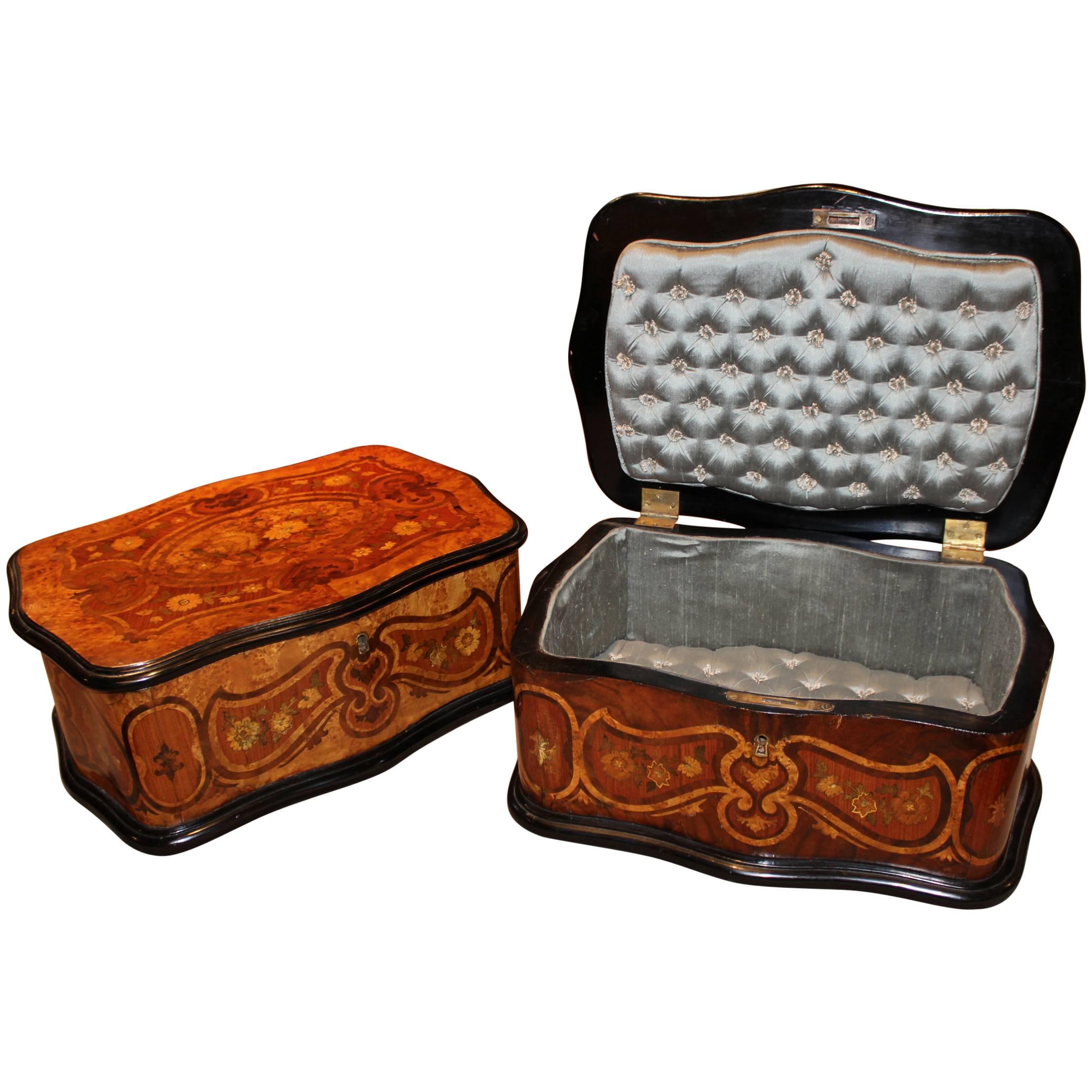 Pair of 19th Century French Marquetry Boxes with Silk Interiors