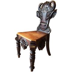 Antique Hall Chair 19th Century Solid Mahogany Victorian Carved Bull