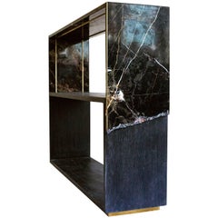 Meta Console Table in Black Marble, Dyed Solid White Oak with Brass Details
