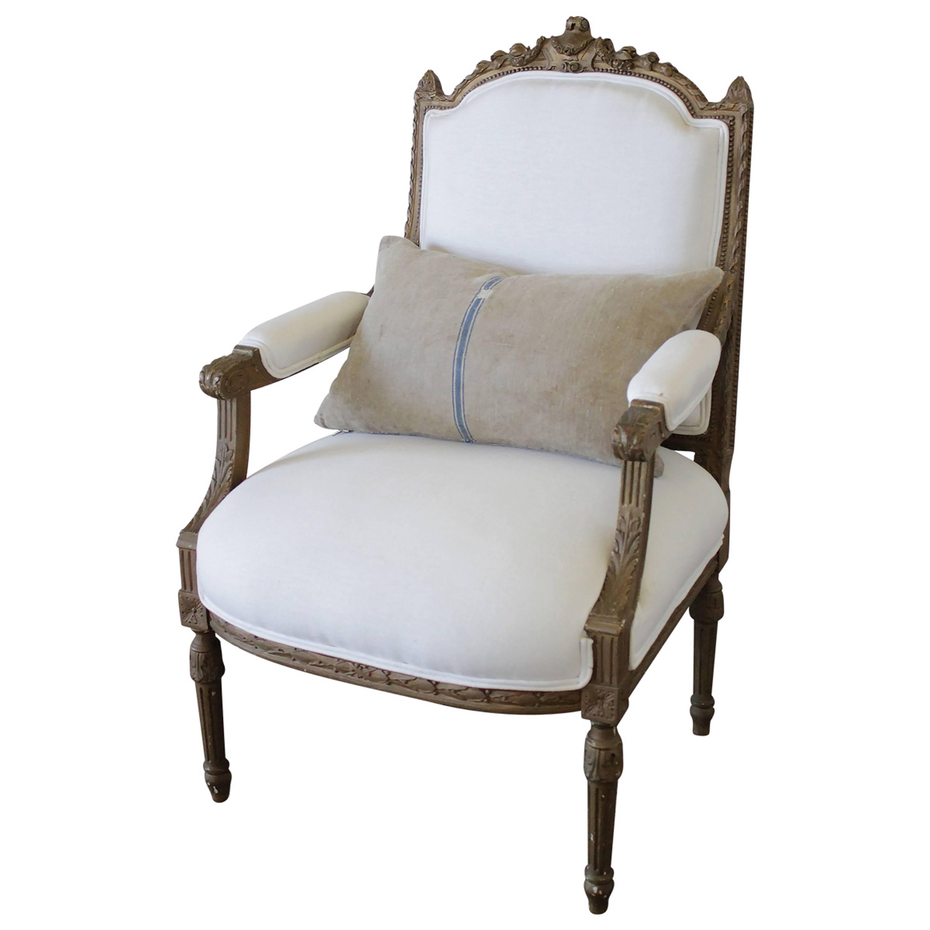 Antique Louis XVI Carved Open Armchair in White Belgian Linen