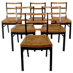 Set of Six Walnut and Ebonized Ladderback Side Chairs by Fritz Hansen