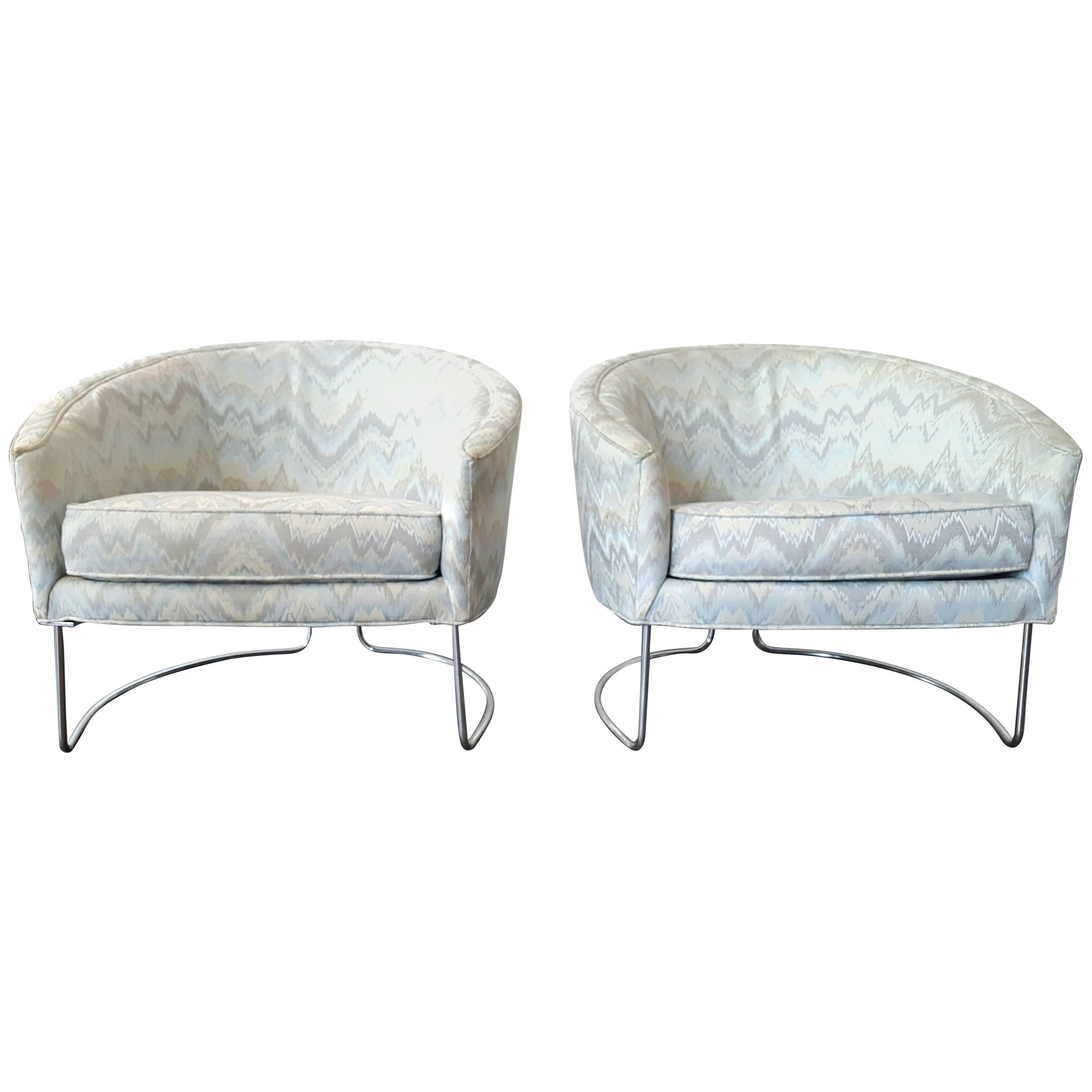 Classic Pair Tub Chairs, Chrome and Fabric by Milo Baughman