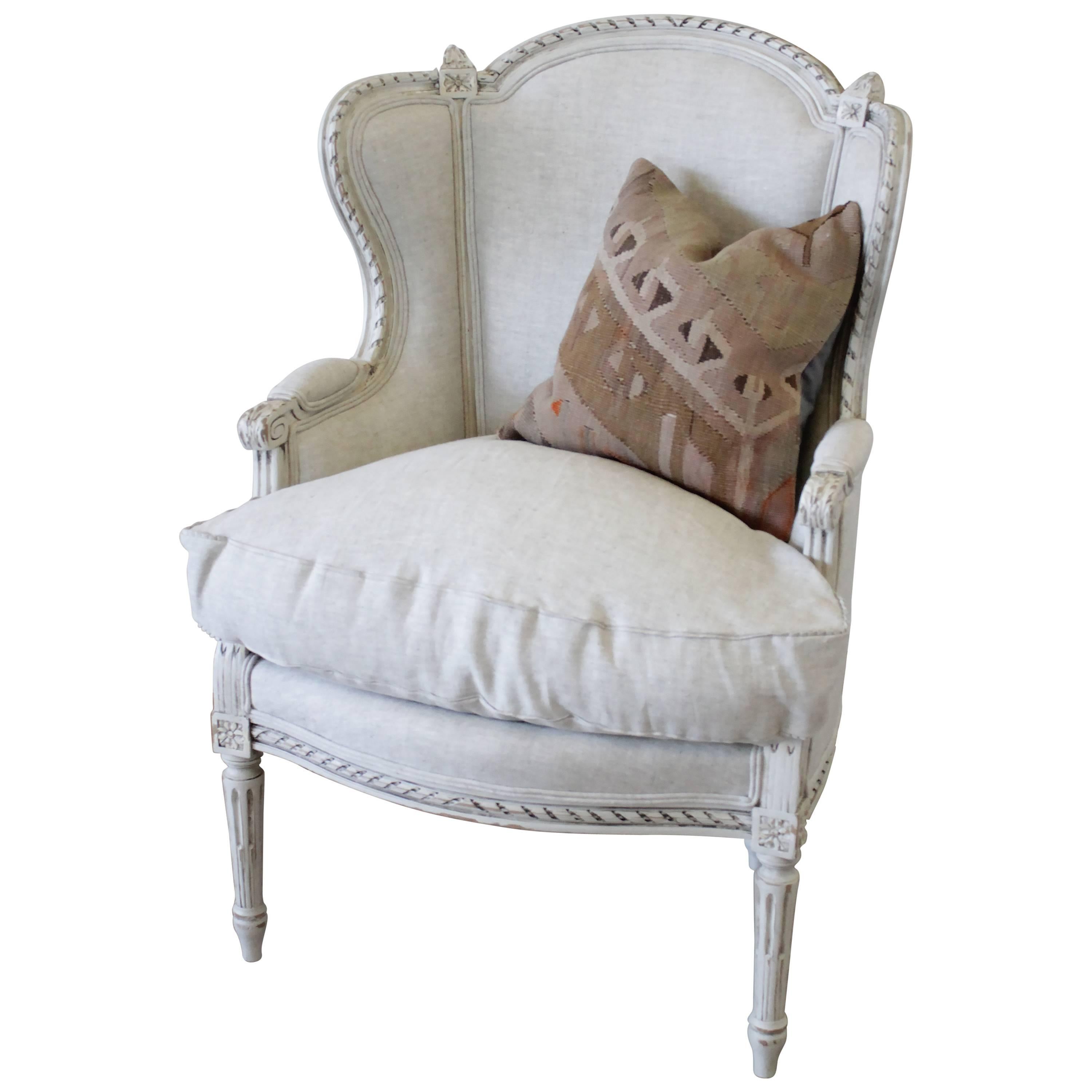 20th Century Painted Louis XVI Wing Chair in Natural Linen