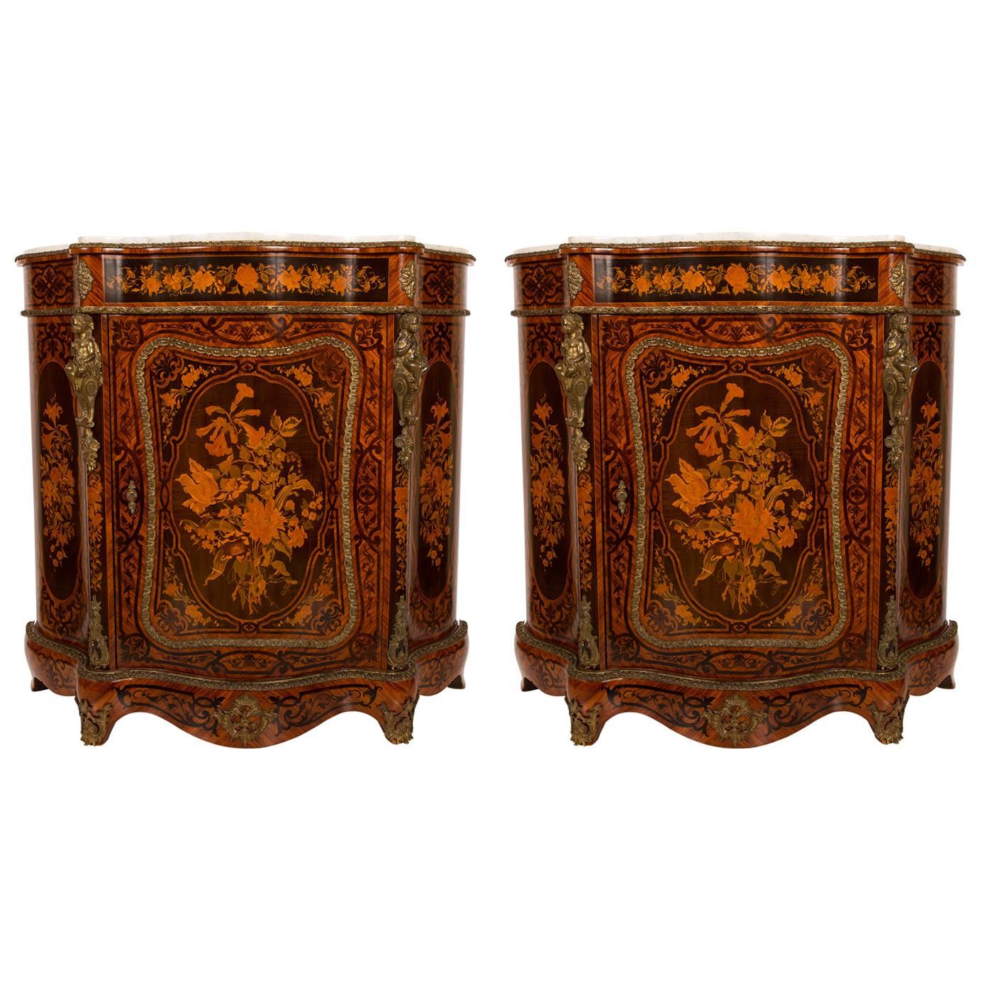 Pair of French Serpentine Flower Marquetry Inlaid Meubles D´Appui, circa 1880 For Sale