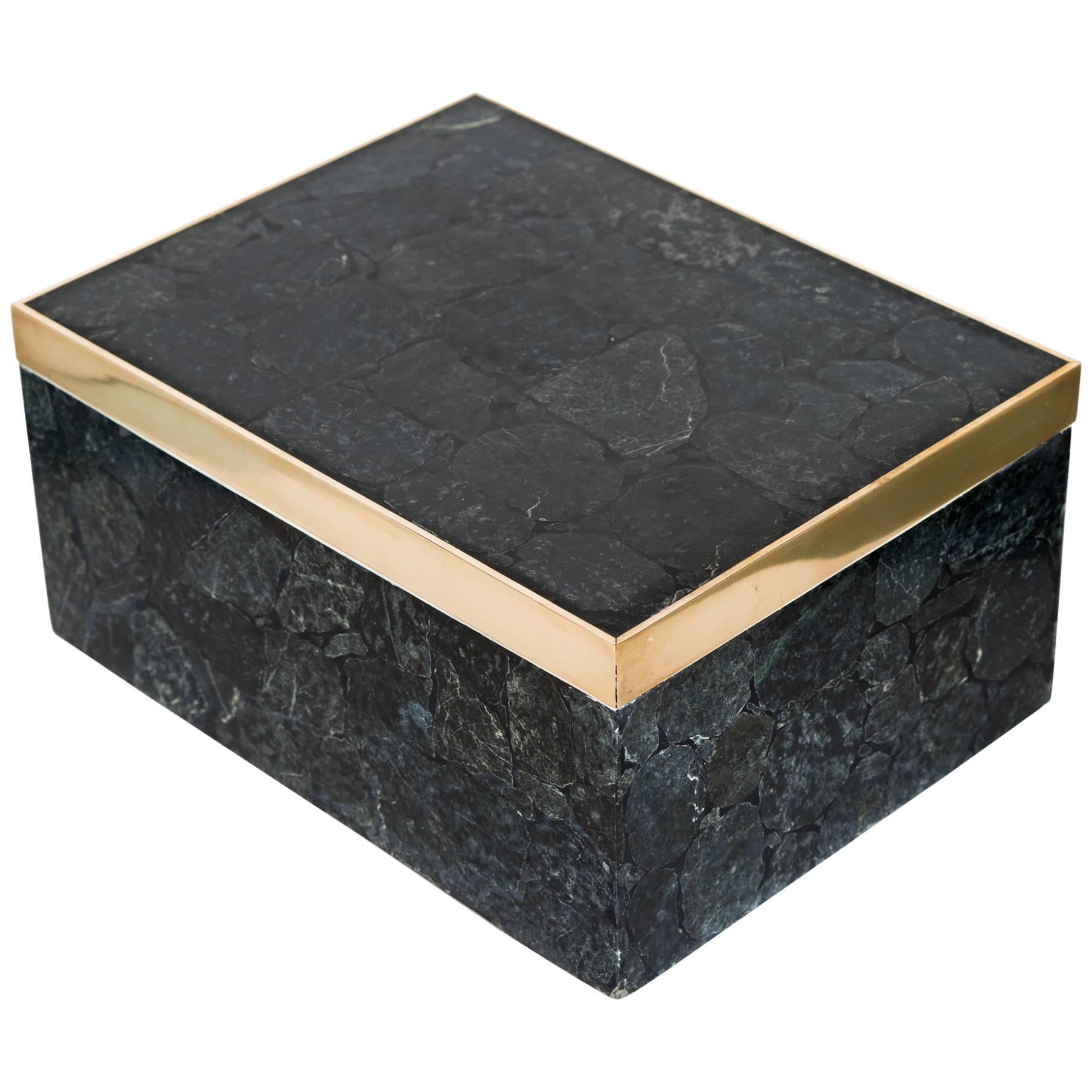 Large Exotic Black Agate Stone Box with Brass Detail