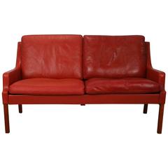 Vintage Danish Red Leather Two-Seat Sofa