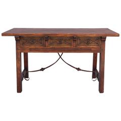 1920s Spanish Revival Oak Table with Iron Stretcher Antique 1920s Spanish Revival Oak Table with Iron Stretcher