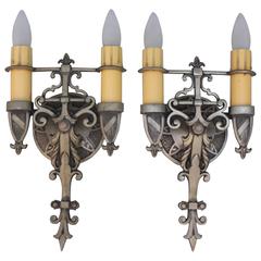 Antique Pair of 1920s Spanish Revival Sconces with Pewter Finish