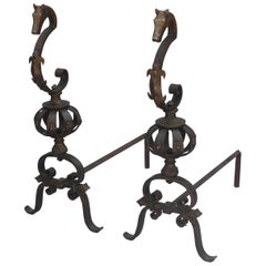 Pair of Unique 1920s Andirons with Seahorse Motif Attributed to Oscar Bach