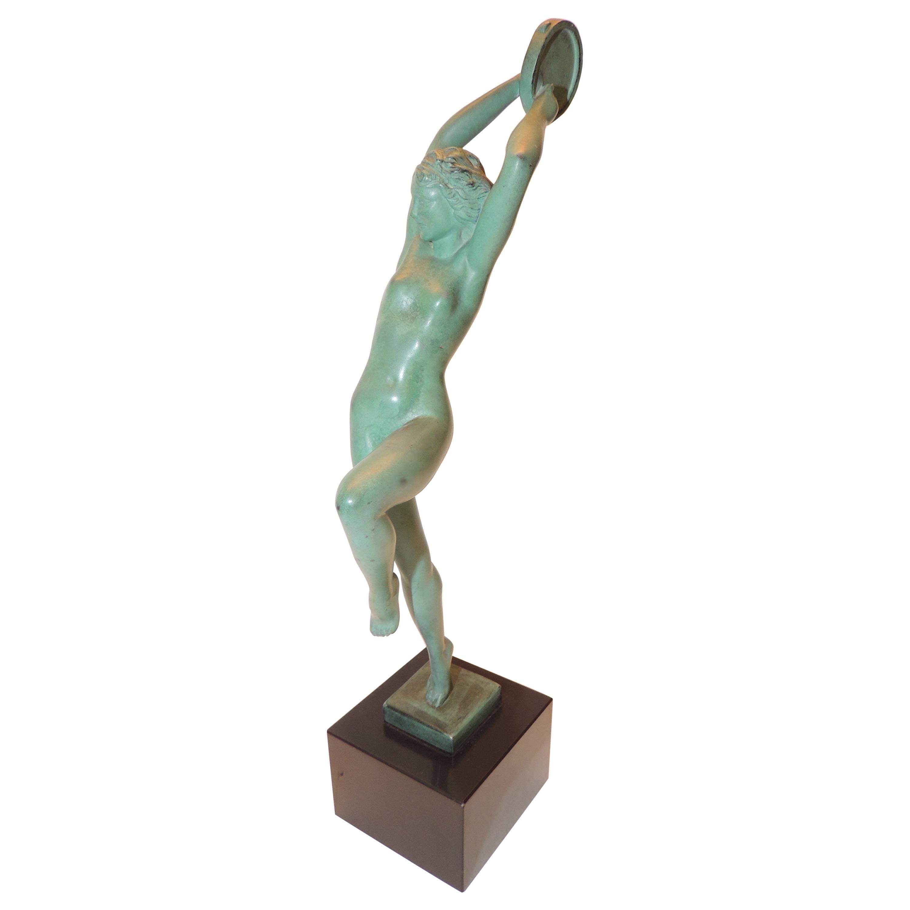 Art Deco Nude Sculpture with Tambourine by Guerbe For Sale