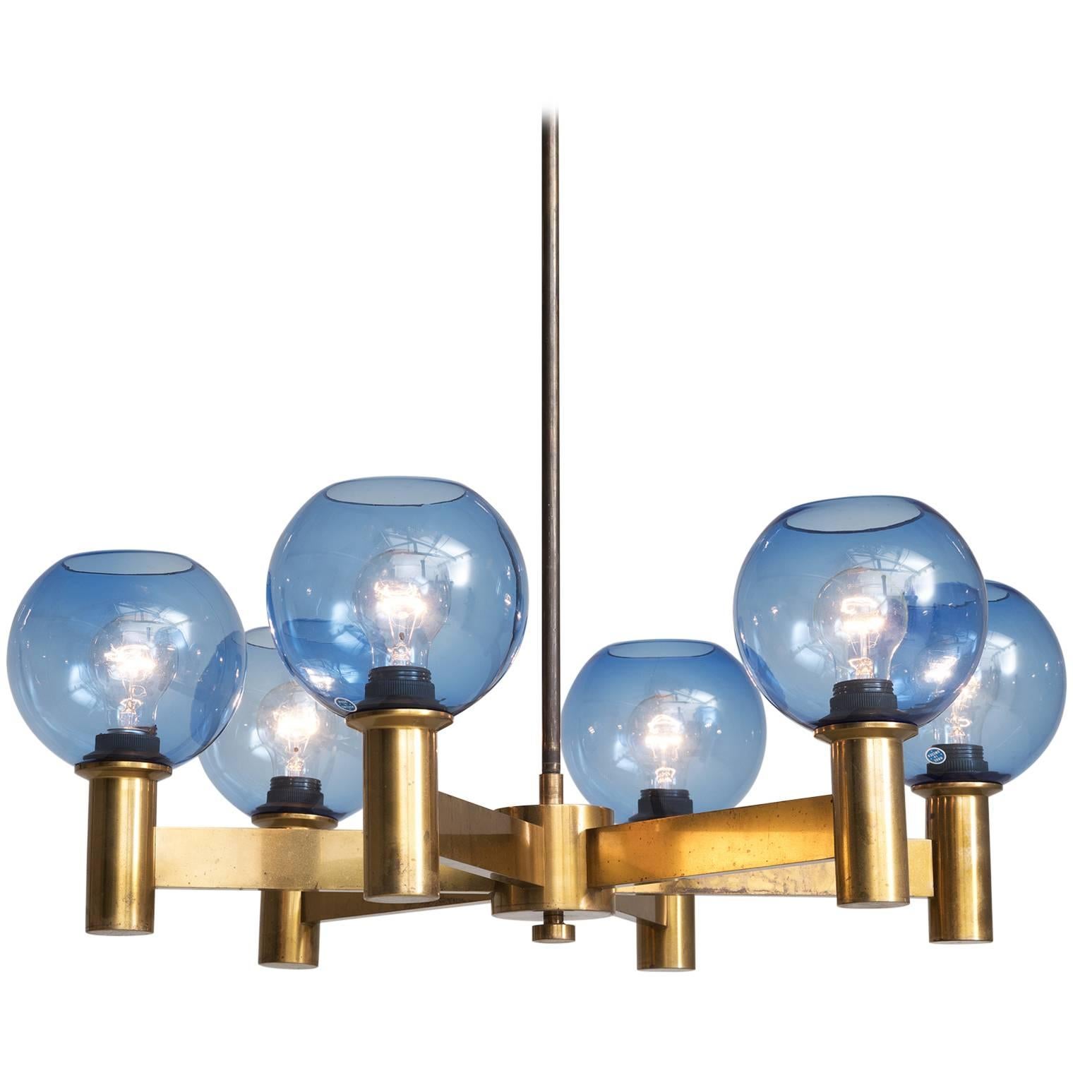 Chandelier in Brass with Blue Colored Glass Shades