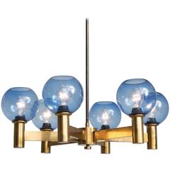 Chandelier in Brass with Blue Colored Glass Shades