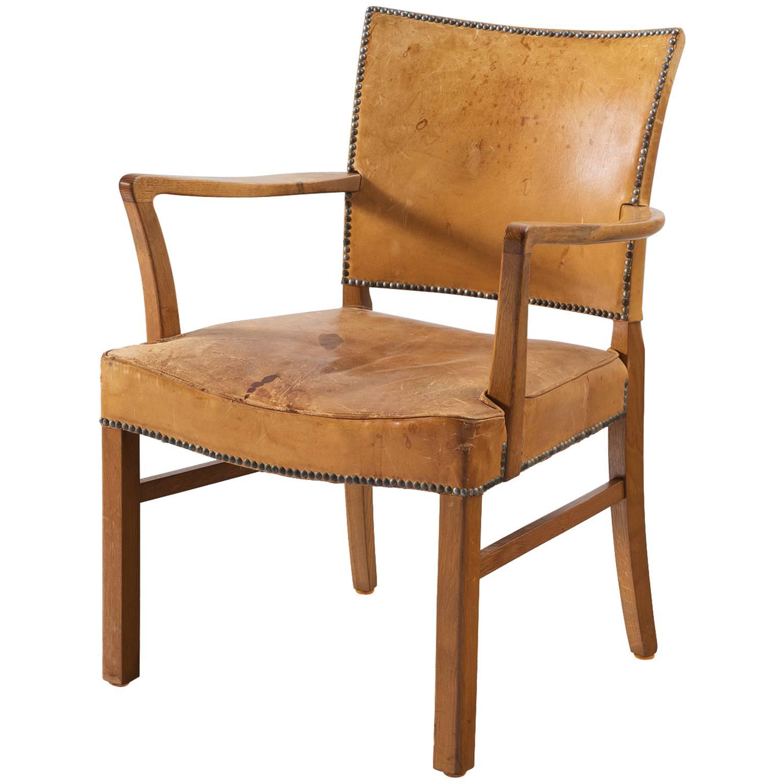 Scandinavian Oak Armchair with Cognac Leather Upholstery