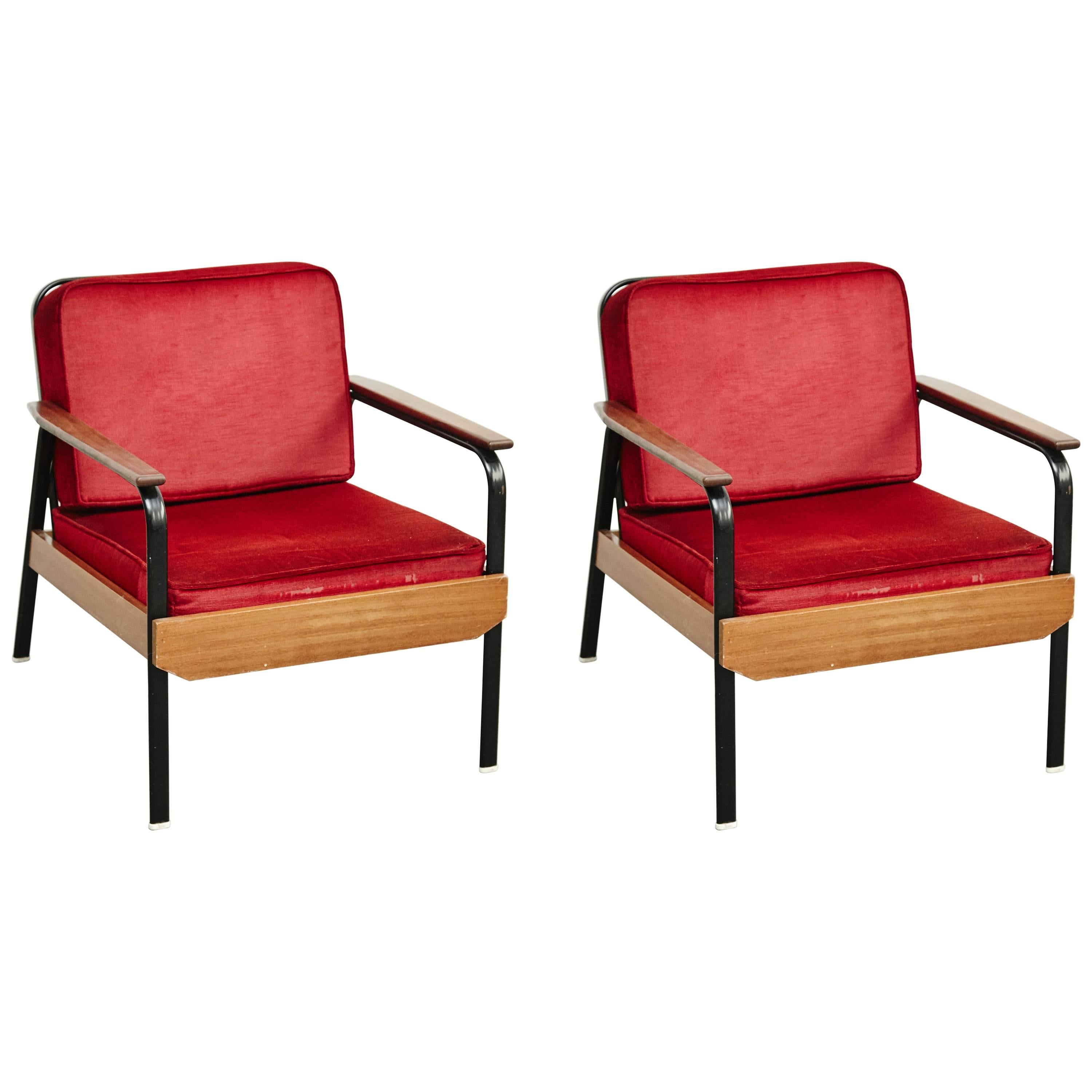 Pair of French Mid Century Modern Wood and Metal Easy Chairs after Jean Prouve