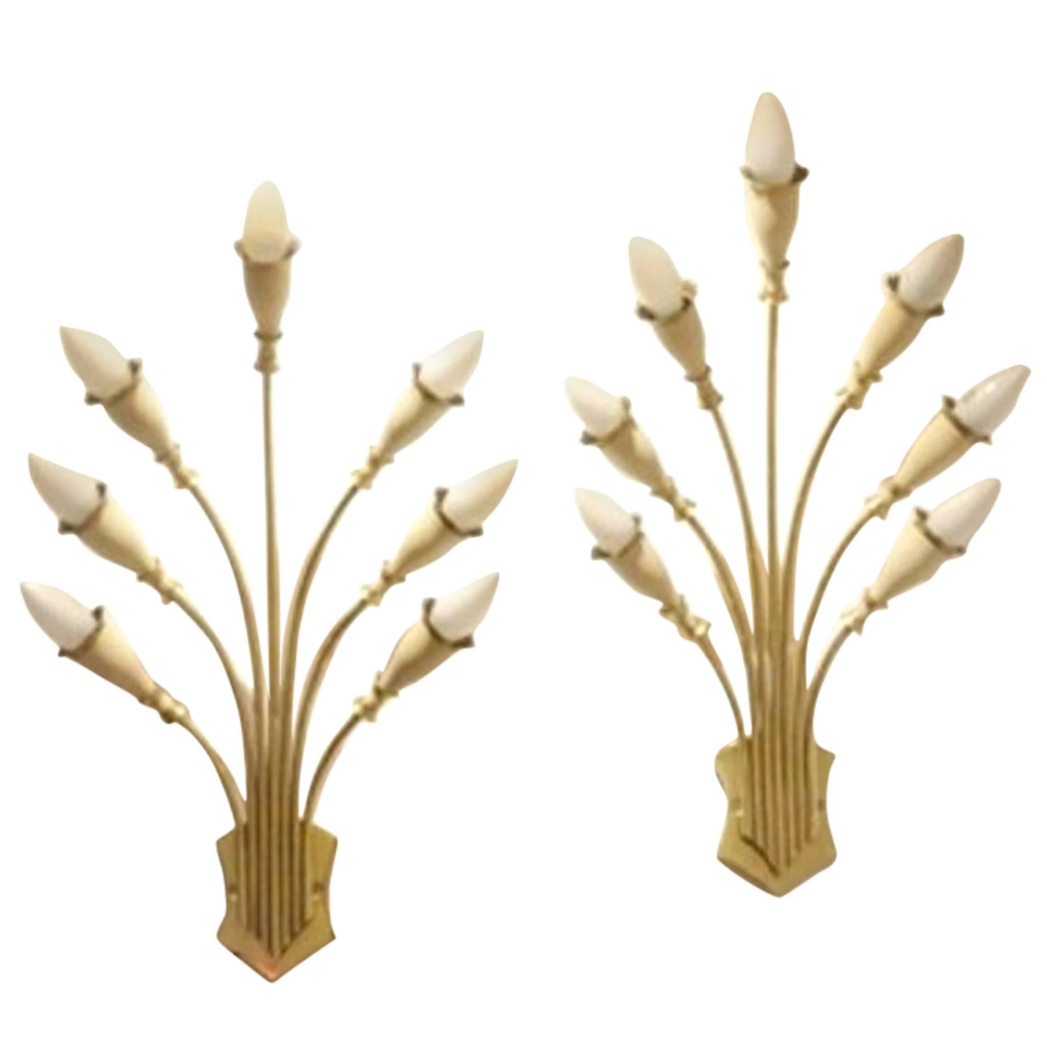 Two Italian Mid-Century 'Bouquet' Brass and White Wall Sconces