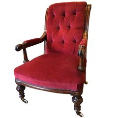 Antique Armchair Button-Back Victorian Walnut 19th Century Casters Red