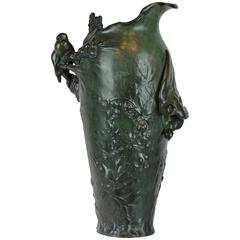 Green Patinated Art Nouveau Bronze Vase with Birds and Plants by Frederic Debon