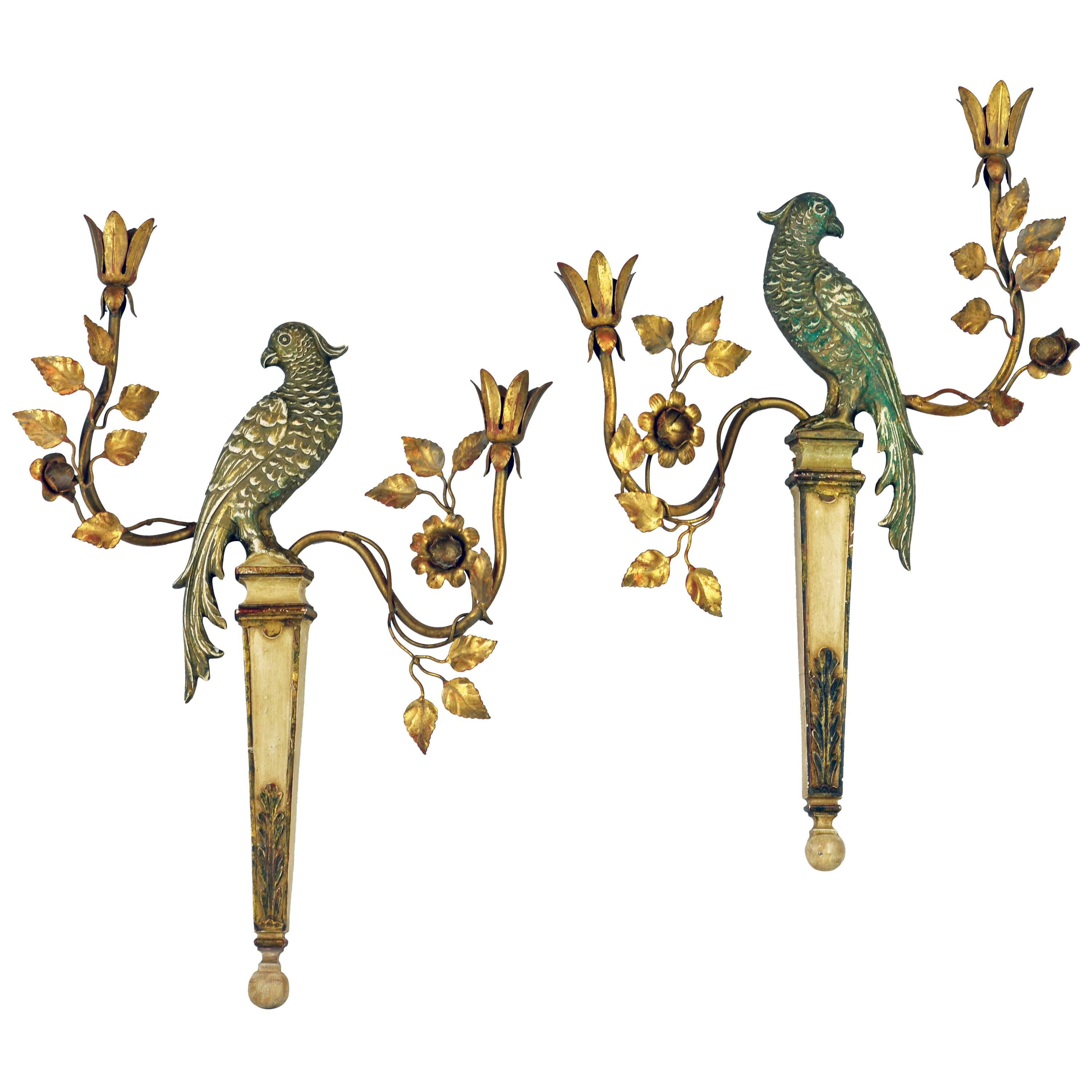 Exceptional Pair of Maison Baguès Style French Mid-Century Gilt Parrot Sconces
