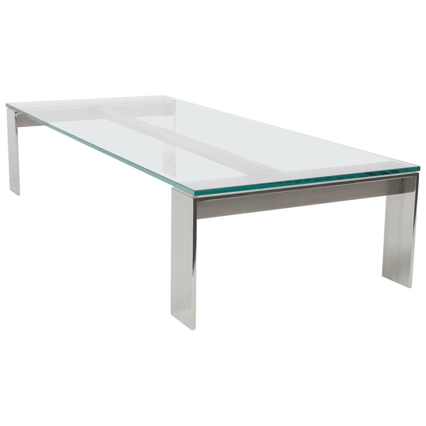 Bridge Coffee Table Stainless Steel, Mirror Polished Finish with Clear Glass For Sale