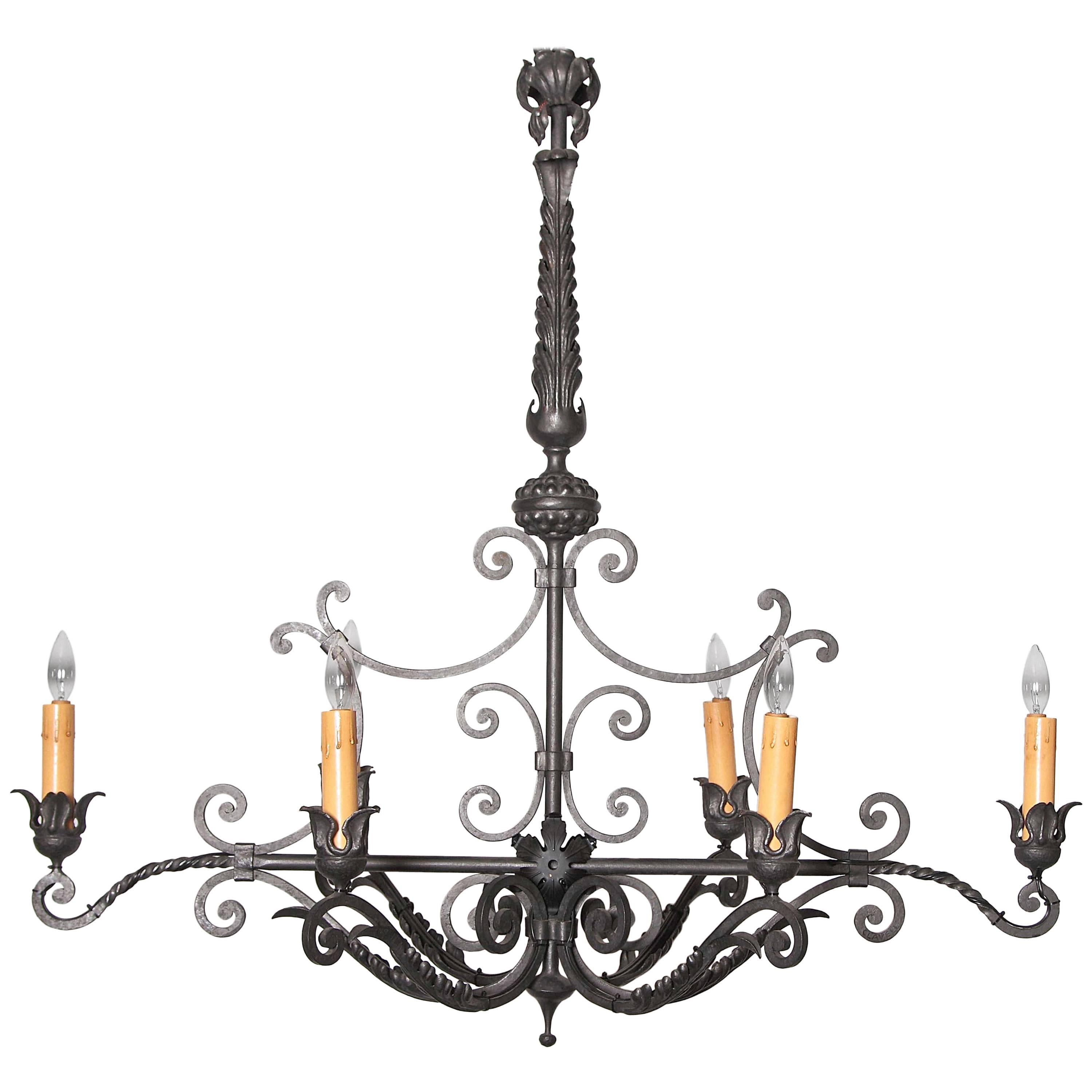 Long Mid-20th Century French Six-Light Iron Chandelier with Ornate Top