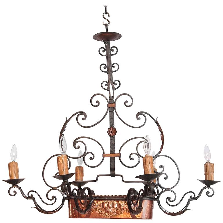 Early 20th Century Six Light Iron Chandelier With Centre Copper Early 20th Century Six Light Iron Chandelier With Centre Copper Jardinière For