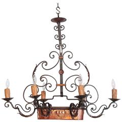 Early 20th Century Six-Light Iron Chandelier with Centre Copper Jardinière