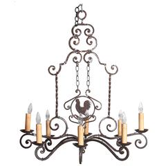 Eight-Light French Polished Iron Chandelier with Decorative Center Chandelier