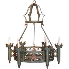 Early 20th Century French Gothic Six-Light Chandelier with Verdigris Finish