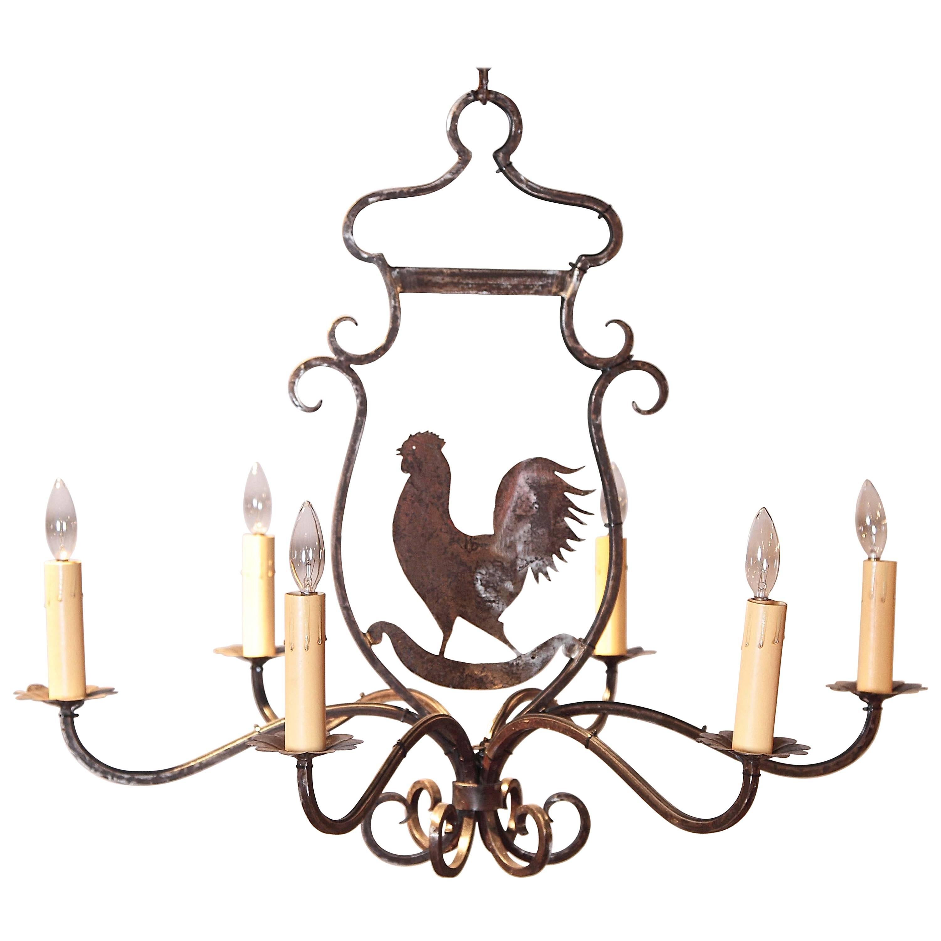 Six-Light French Polished Iron Chandelier with Rooster from Paris