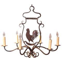 Six-Light French Polished Iron Chandelier with Rooster from Paris