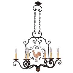 Early 20th Century French Six-Light Iron Chandelier with Center Rooster