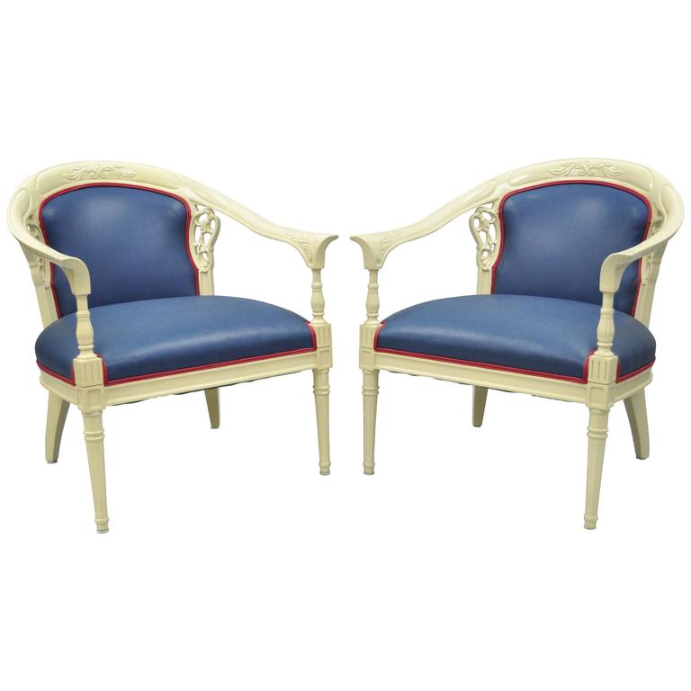 Pair of Vintage French Hollywood Regency Cream Lacquered Blue Lounge
