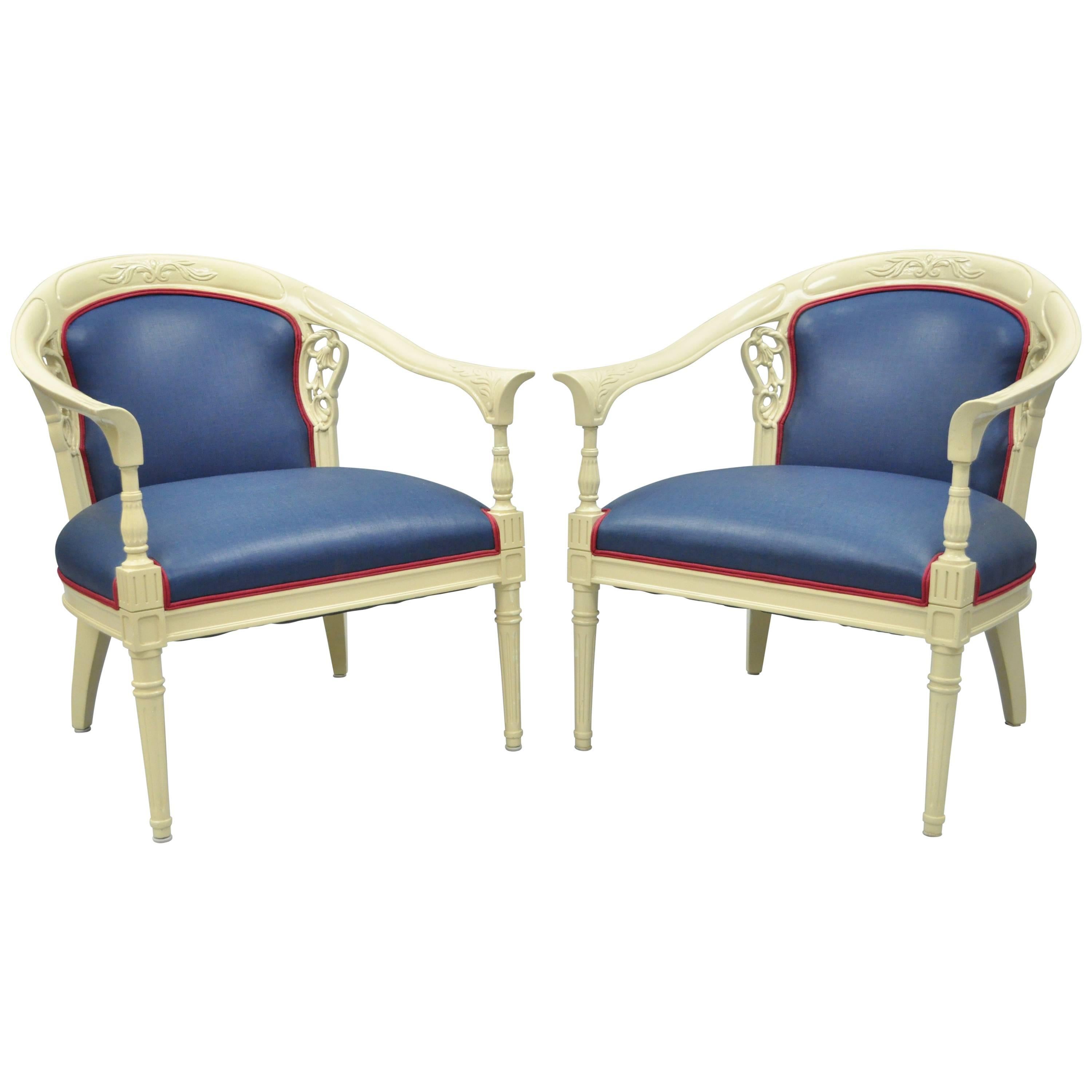 Pair of Cream Lacquered Chinoiserie Blue Barrel Back Lounge Club Arm Chairs