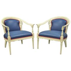 Pair of Vintage French Hollywood Regency Cream Lacquered Blue Lounge Chairs 10