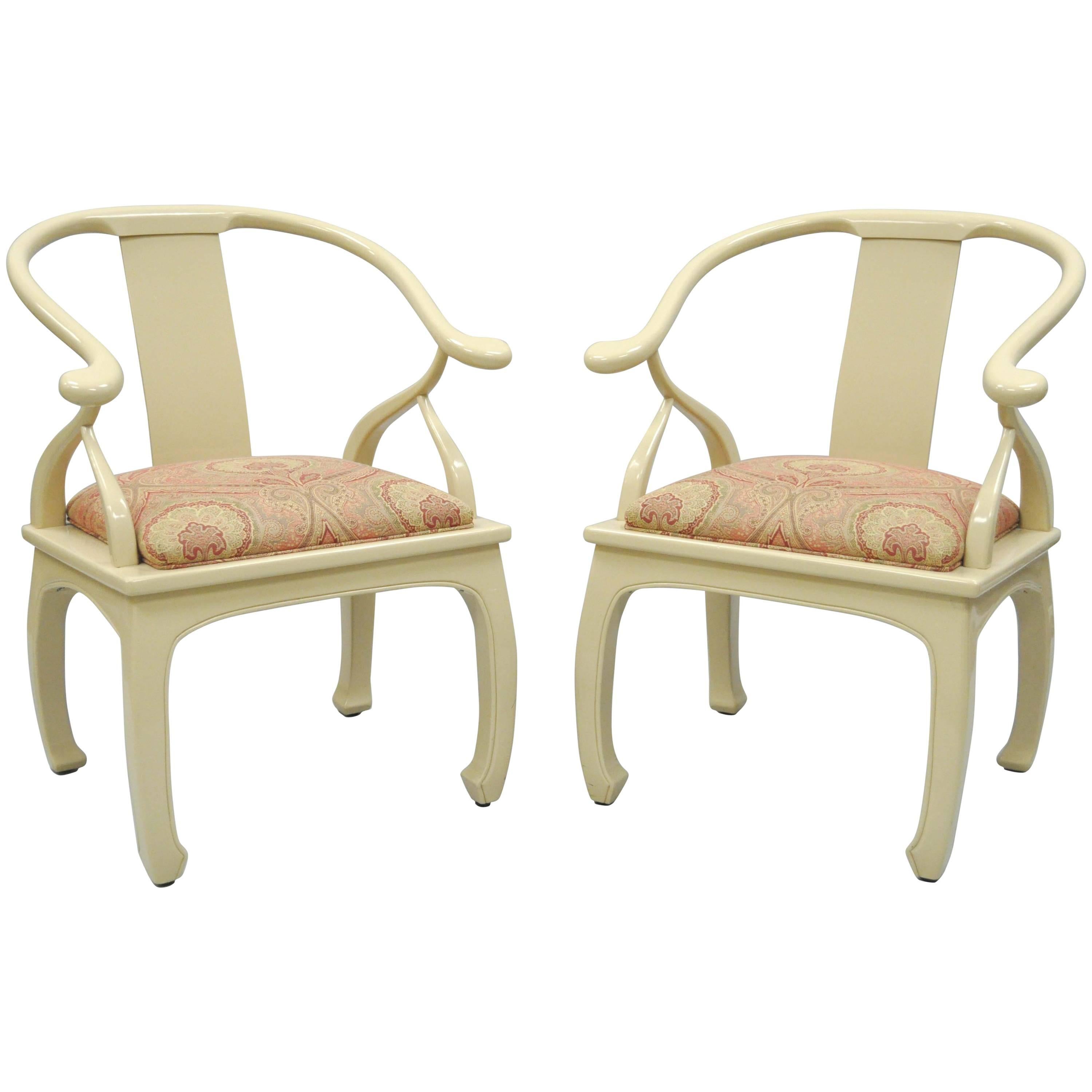Pair of Vintage Cream Lacquered James Mont Style Ming Horseshoe Lounge Chairs For Sale