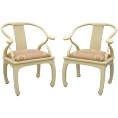 Pair of Vintage Cream Lacquered James Mont Style Ming Horseshoe Lounge Chairs 5