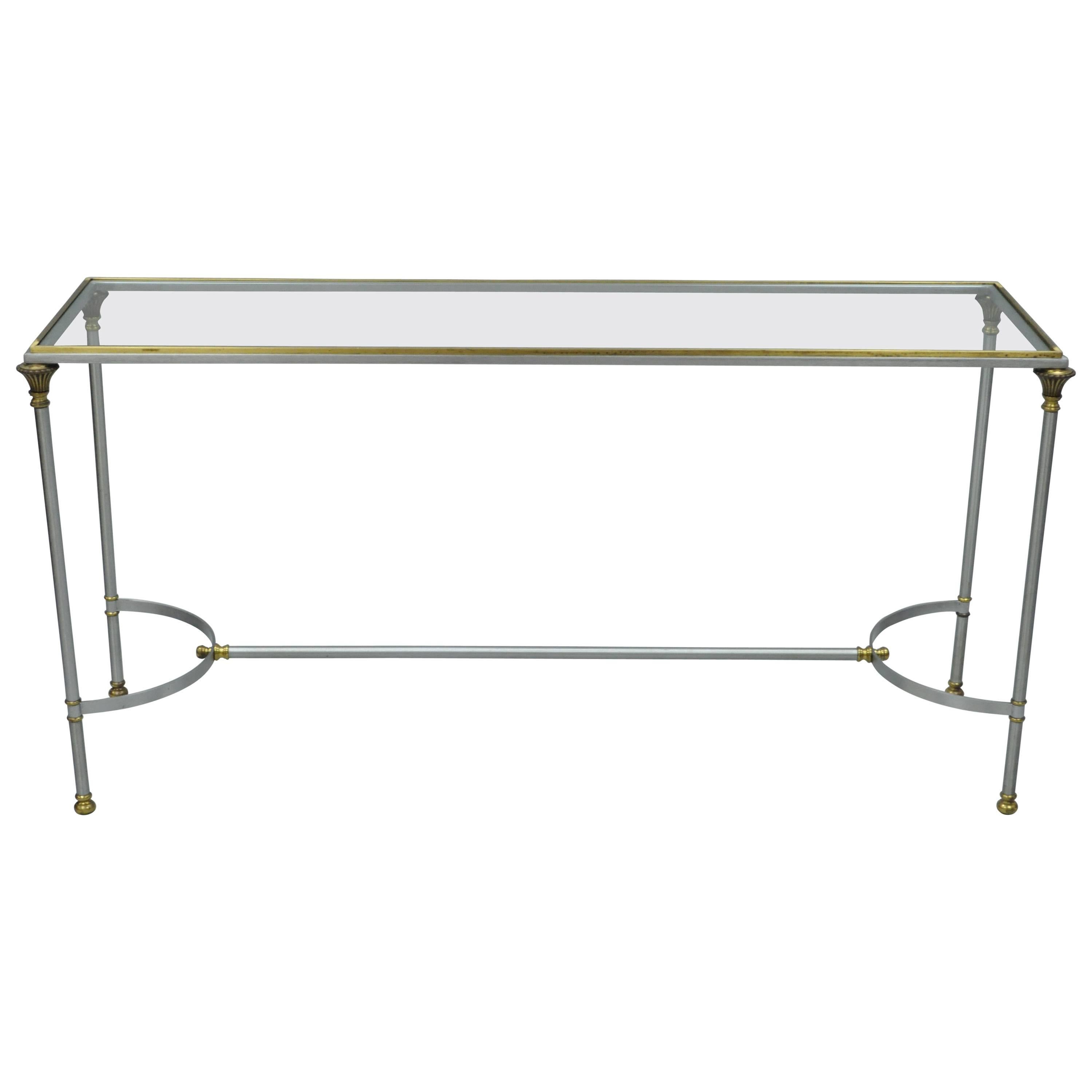 Vintage Italian Brushed Steel & Brass Directoire Neoclassical Console Hall Table