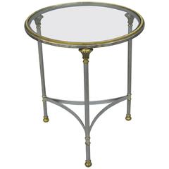 Vintage Italian Brushed Steel and Brass Round Directoire Neoclassical Side Table