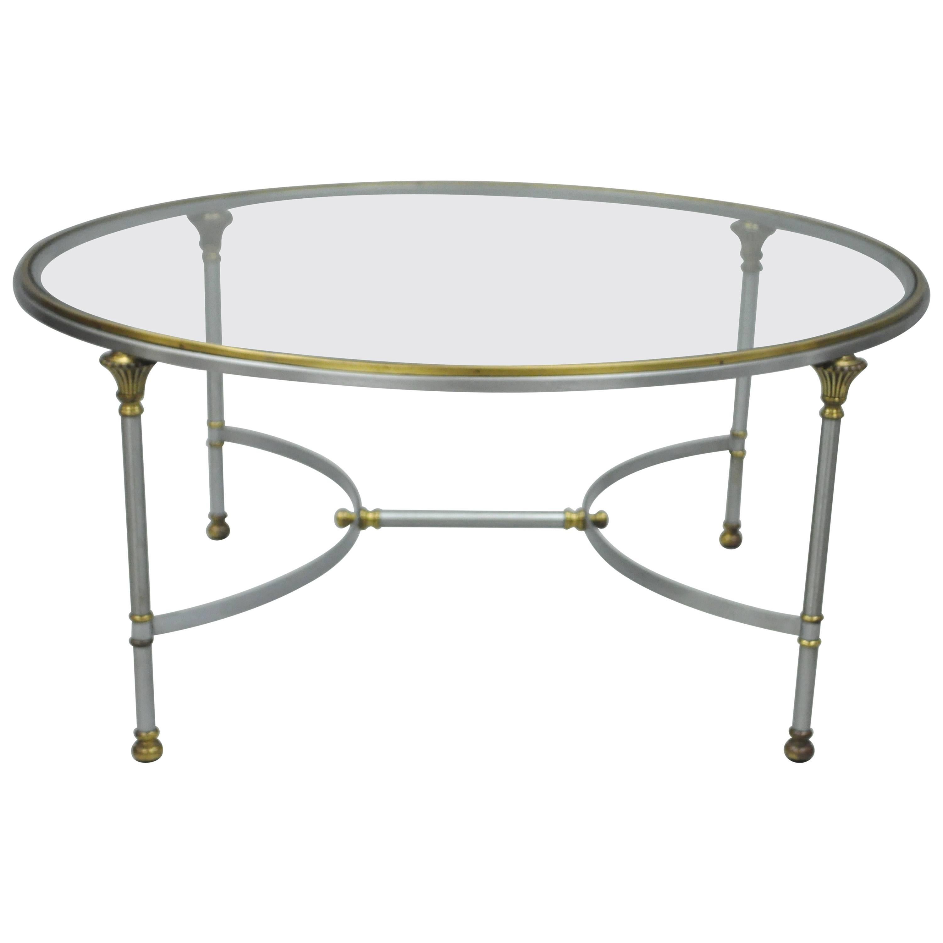 Italian Steel & Brass Round Directoire Neoclassical Coffee Table after Jansen For Sale