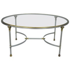 Italian Steel & Brass Round Directoire Neoclassical Coffee Table after Jansen