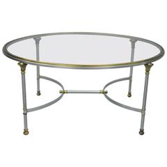 Vintage Italian Brushed Steel & Brass Round Directoire Neoclassical Coffee Table 4