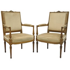 Pair Carved Walnut French Louis XVI Directoire Square Back Fireside Arm Chairs