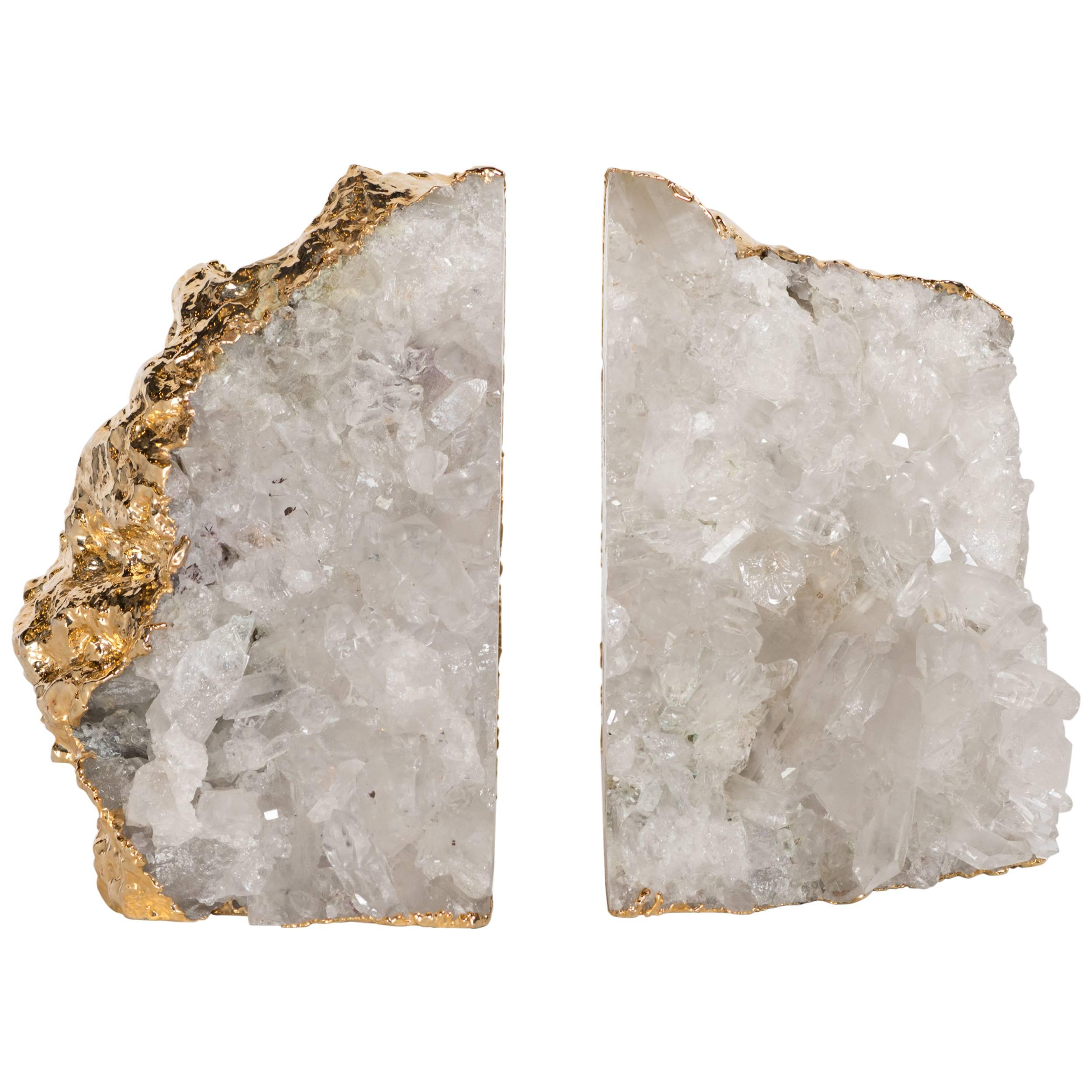 Pair of Exquisite Rock Crystal Quartz Bookends Wrapped in 24-Karat Gold
