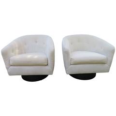 Fantastic Pair of Milo Baughman Tall Swivel Base Barrel Back Lounge Chairs