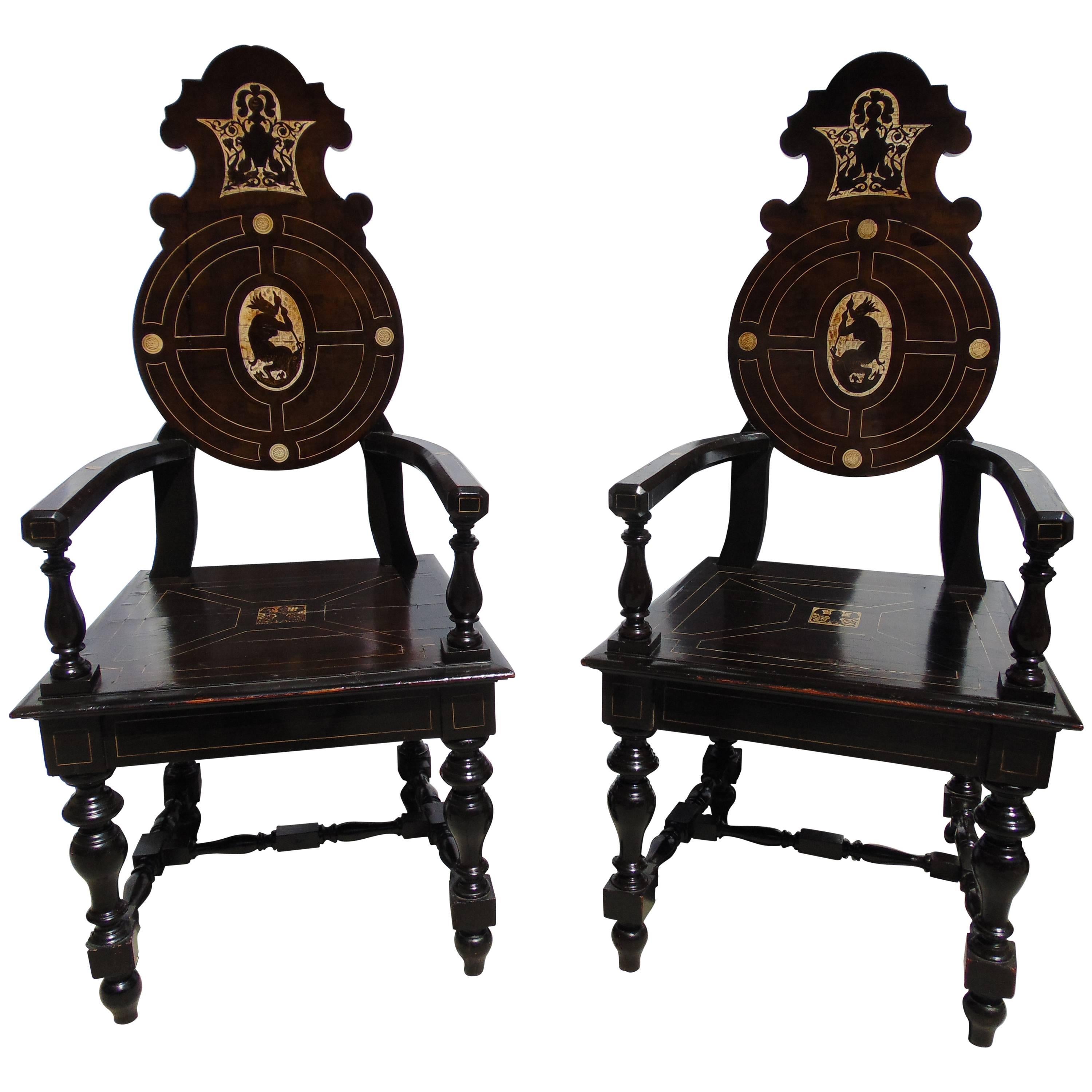 Pair of Unique Grand Tour Entry Hall Chairs with Bone Inlay For Sale