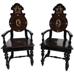 Pair of Unique Grand Tour Entry Hall Chairs with Bone Inlay