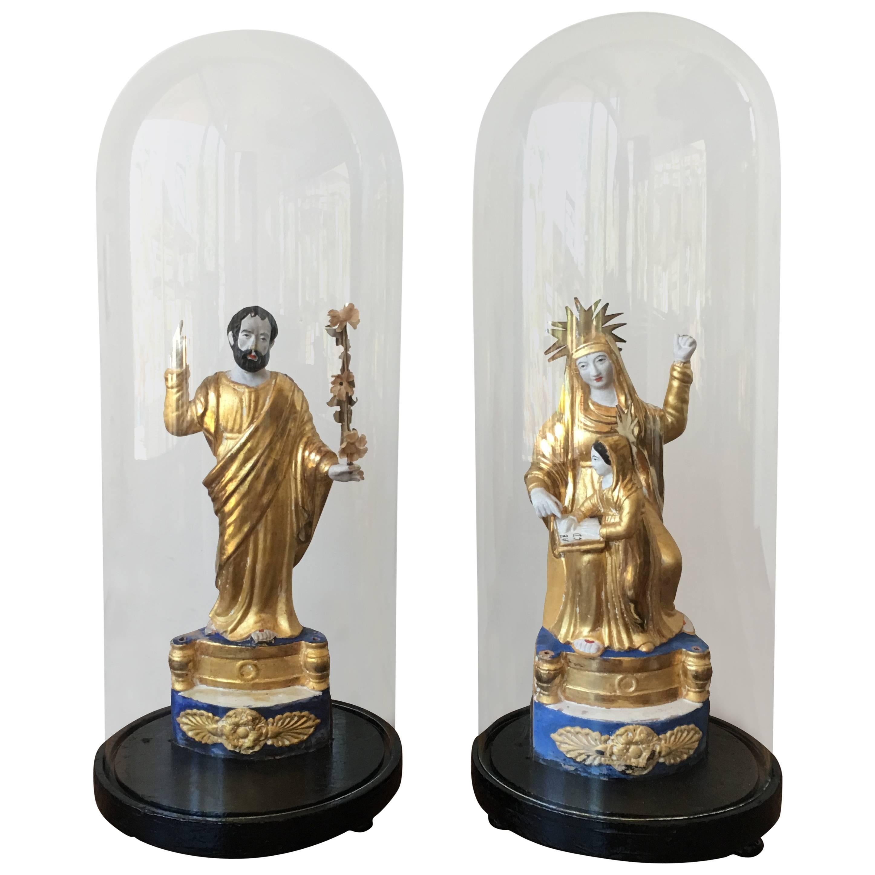 Pair of Italian Gilded Sculptures Religious in a Glass Urn