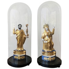Pair of Italian Gilded Sculptures Religious in a Glass Urn